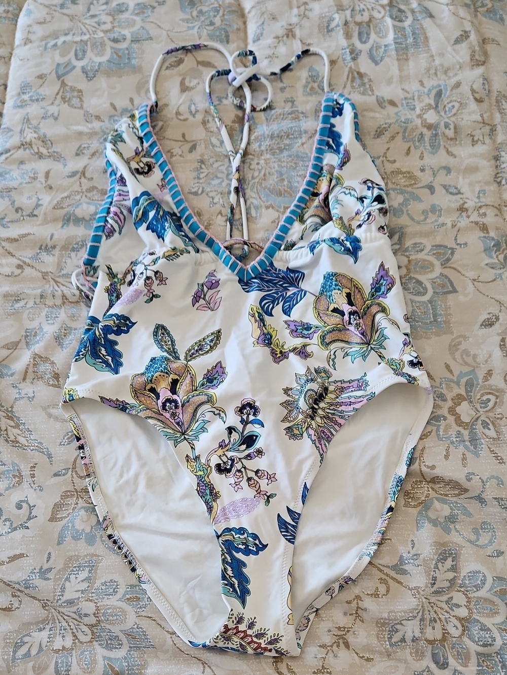 White Floral One-Piece Swimsuit with Blue Trim